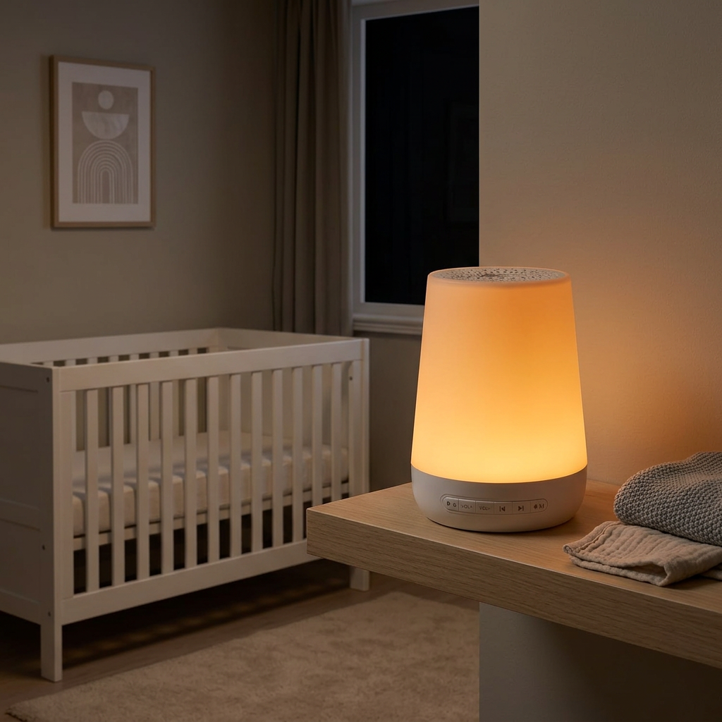 LullaGlow night light glowing beside a crib