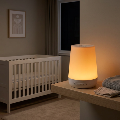 LullaGlow night light glowing beside a crib