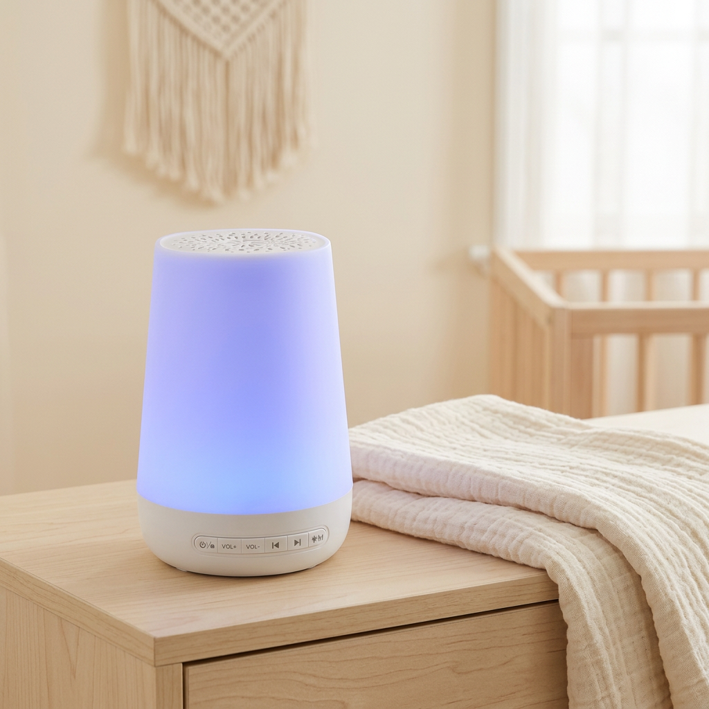 LullaGlow sound machine on a nursery dresser