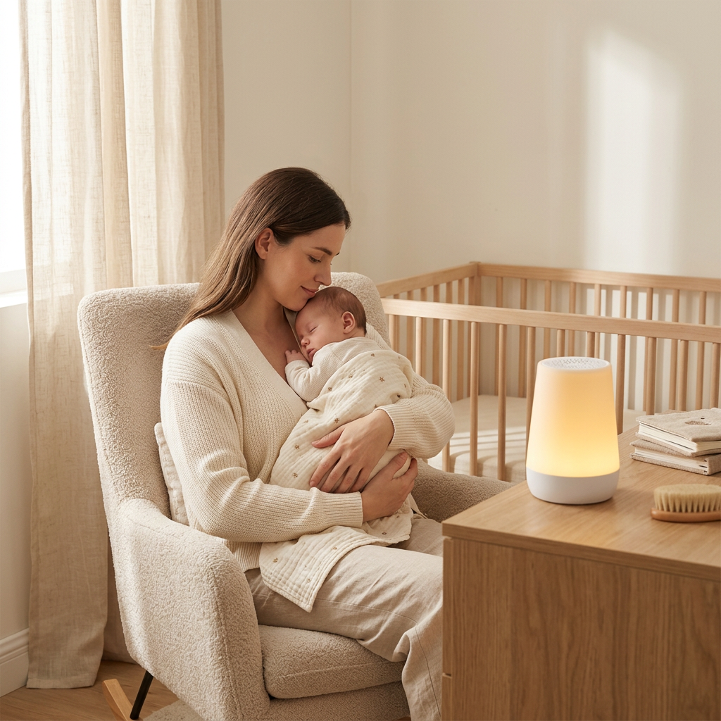 Mother holding her newborn with LullaGlow in the nursery