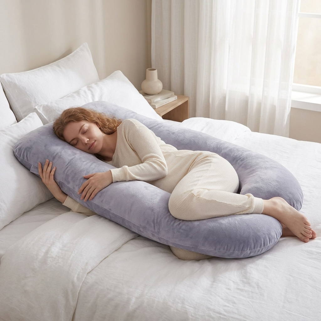 Pregnant woman sleeping with the HushHug pillow
