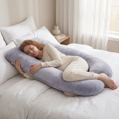 Pregnant woman sleeping with the HushHug pillow