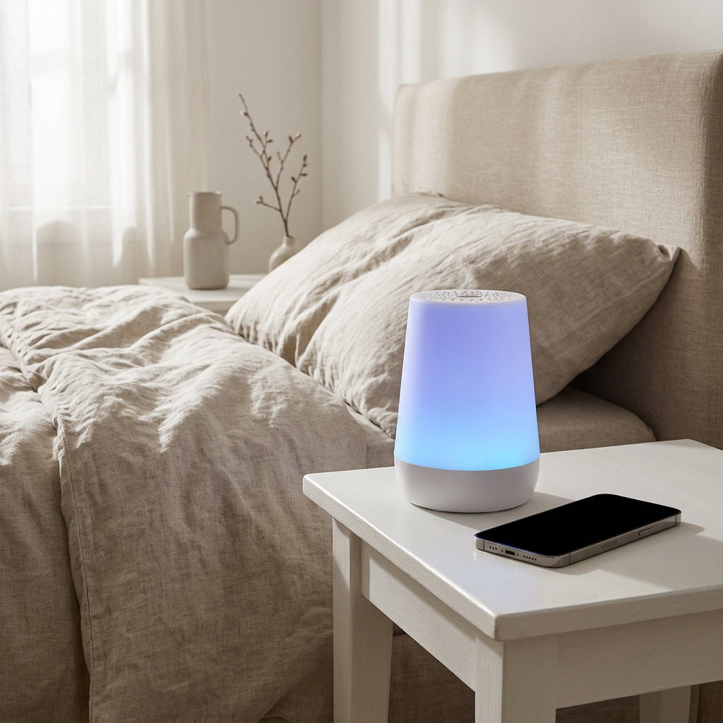 LullaGlow on a bedside table with a phone