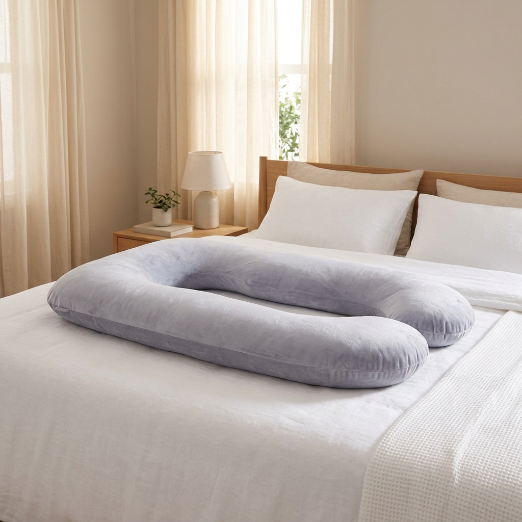 HushHug pillow on a bed in morning light