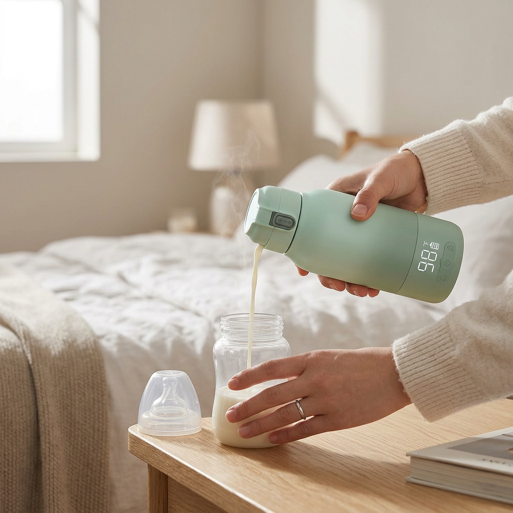Pouring warm milk from the NurtureGo into a baby bottle