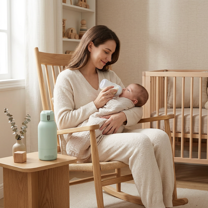 Mother bottle feeding her baby with the NurtureGo nearby