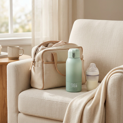 NurtureGo bottle warmer beside a diaper bag