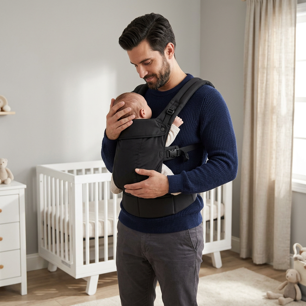 Father carrying baby in the SnugCarry in the nursery