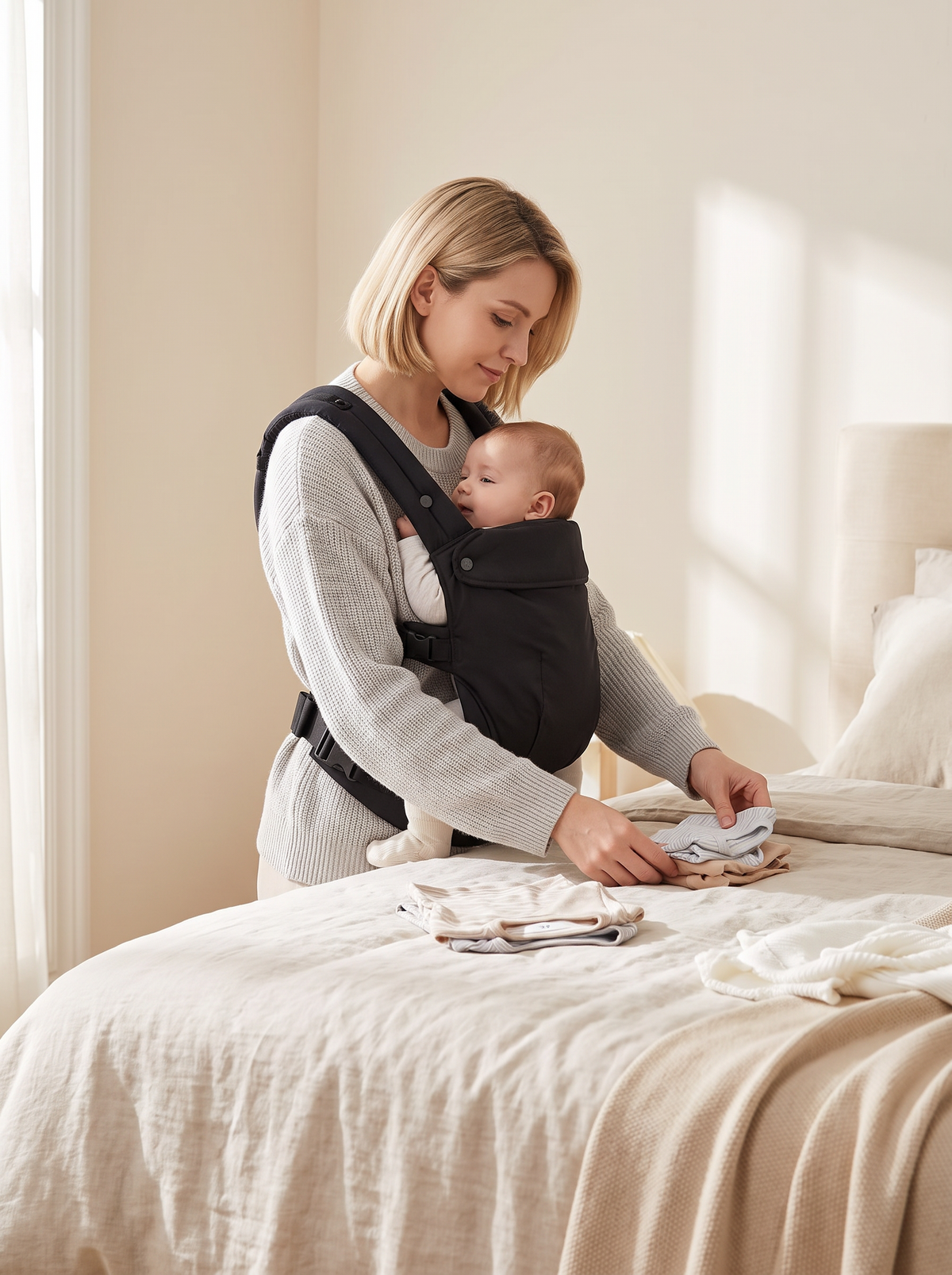 Mother folding clothes hands free with baby in the SnugCarry