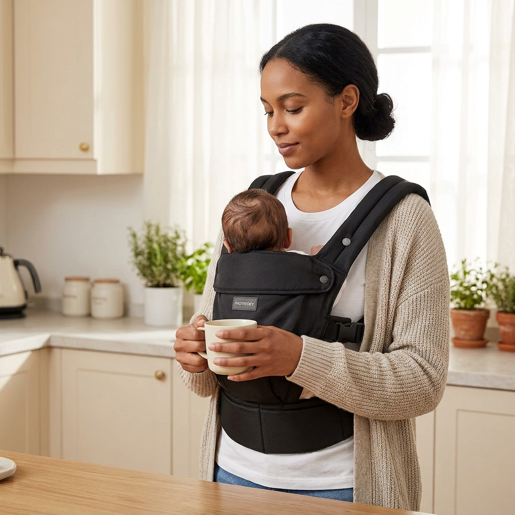 Mother in the kitchen with baby in the SnugCarry