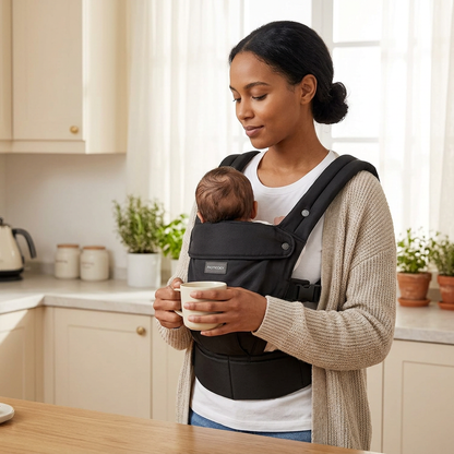 Mother in the kitchen with baby in the SnugCarry