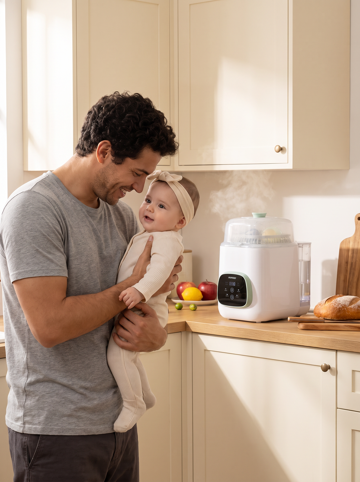 Father cuddling baby while the PureNest runs